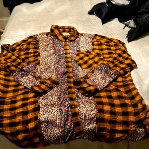 FREE PEOPLE plaid with leopard patches oversized shirt size large